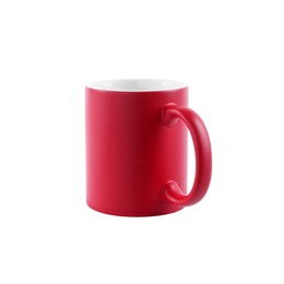 Photo of One blank red ceramic mug isolated on white. Mockup for design