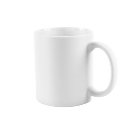 Photo of One blank ceramic mug isolated on white. Mockup for design