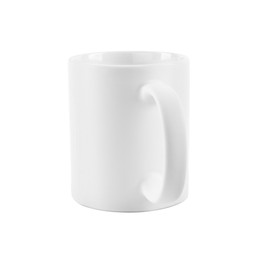 Photo of One blank ceramic mug isolated on white. Mockup for design