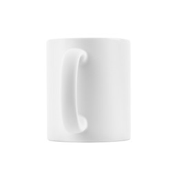 Photo of One blank ceramic mug isolated on white. Mockup for design