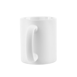 Photo of One blank ceramic mug isolated on white. Mockup for design