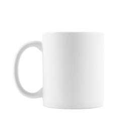 Photo of One blank ceramic mug isolated on white. Mockup for design