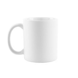 Photo of One blank ceramic mug isolated on white. Mockup for design