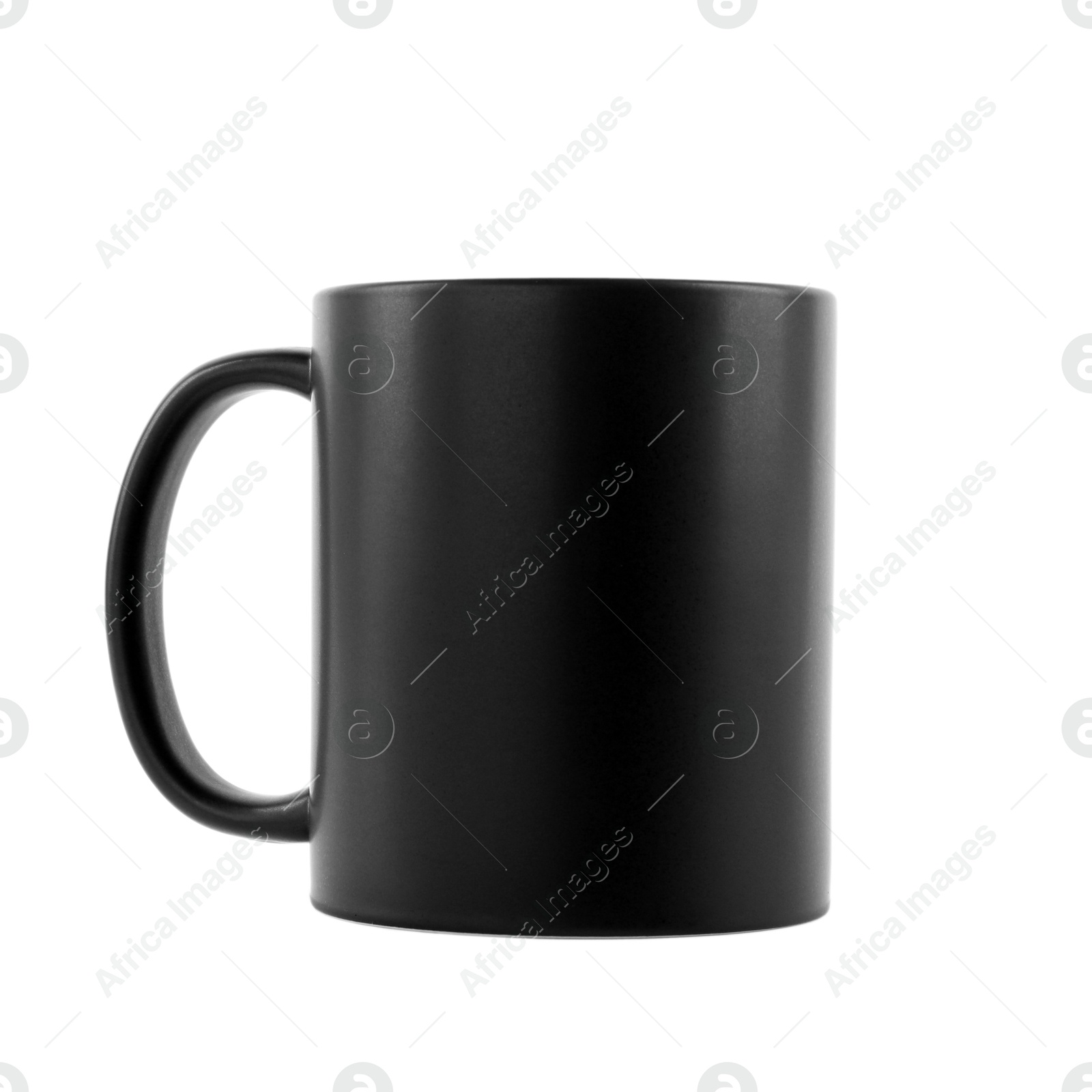 Photo of One blank black ceramic mug isolated on white. Mockup for design