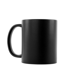 Photo of One blank black ceramic mug isolated on white. Mockup for design