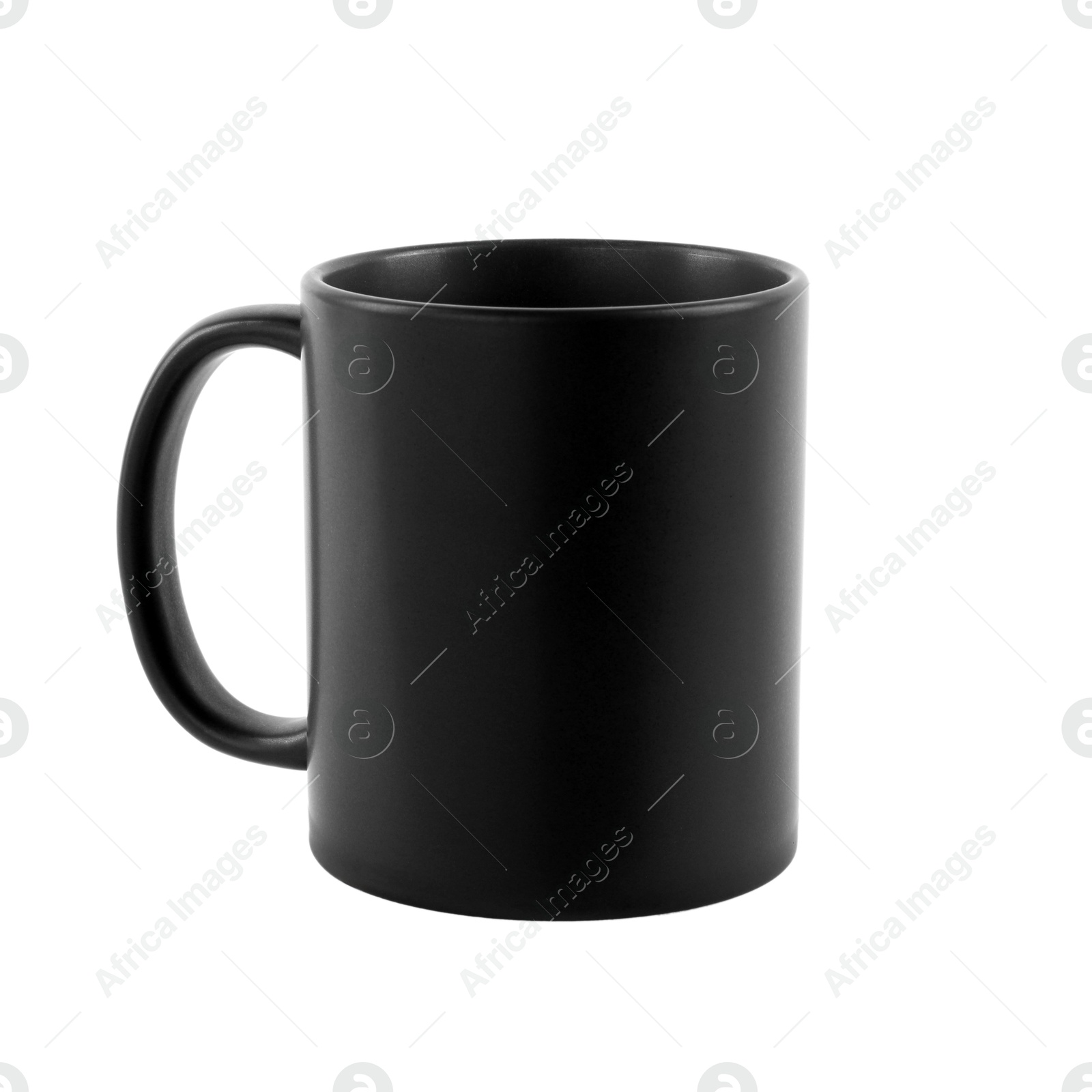 Photo of One blank black ceramic mug isolated on white. Mockup for design