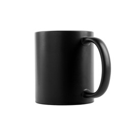 Photo of One blank black ceramic mug isolated on white. Mockup for design