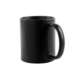 Photo of One blank black ceramic mug isolated on white. Mockup for design