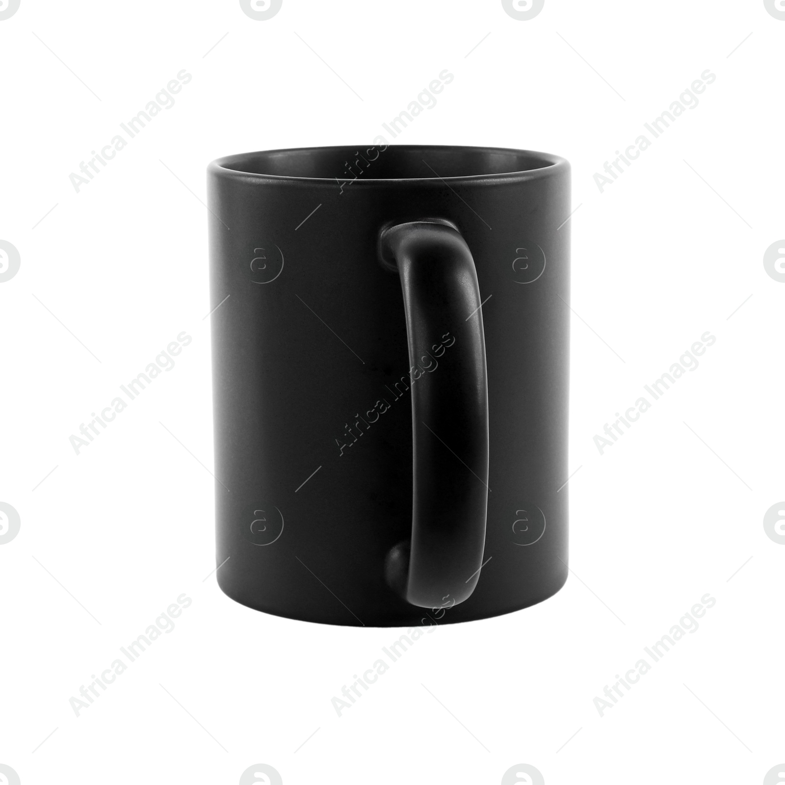 Photo of One blank black ceramic mug isolated on white. Mockup for design