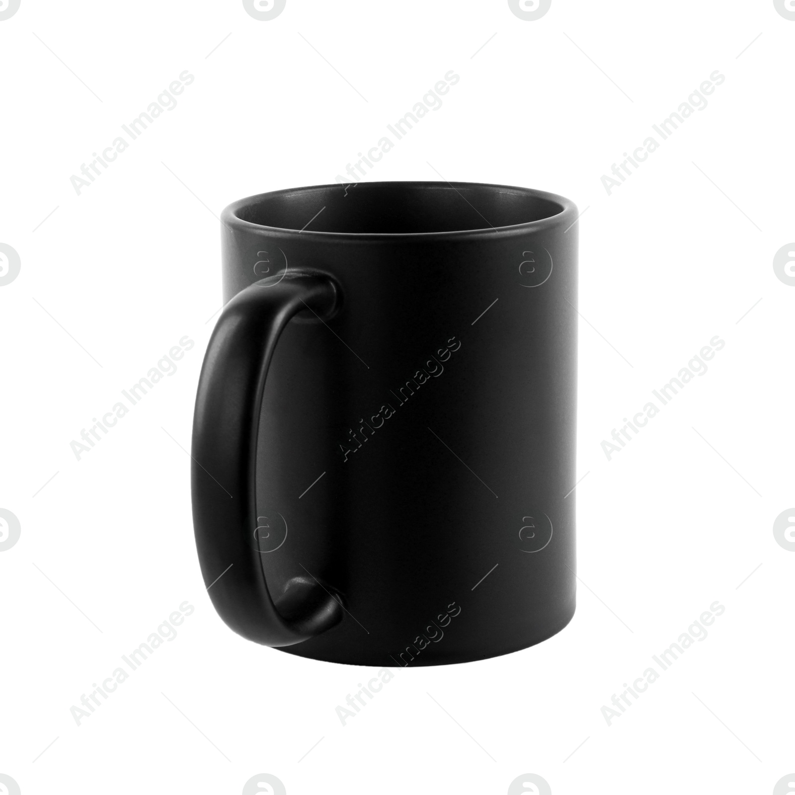 Photo of One blank black ceramic mug isolated on white. Mockup for design