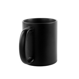 Photo of One blank black ceramic mug isolated on white. Mockup for design