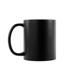 Photo of One blank black ceramic mug isolated on white. Mockup for design