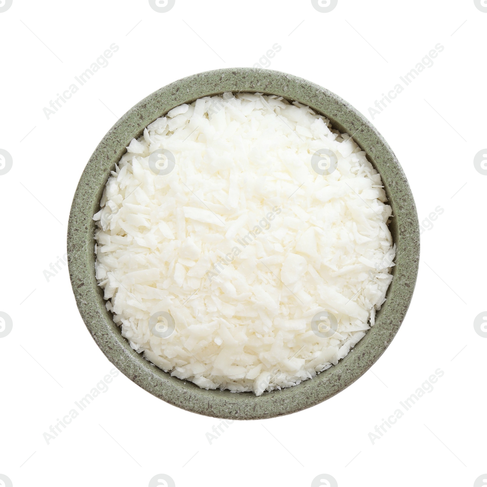 Photo of Soy wax in bowl isolated on white, top view