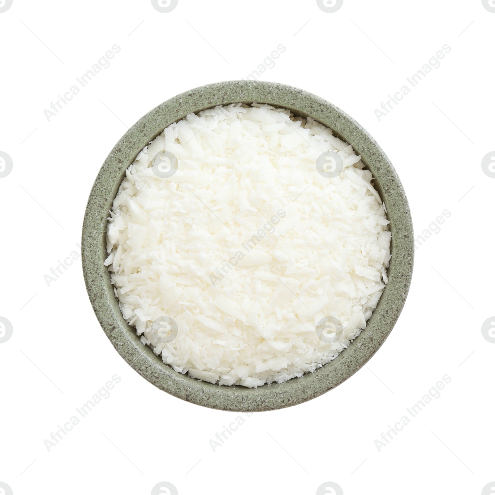 Photo of Soy wax in bowl isolated on white, top view