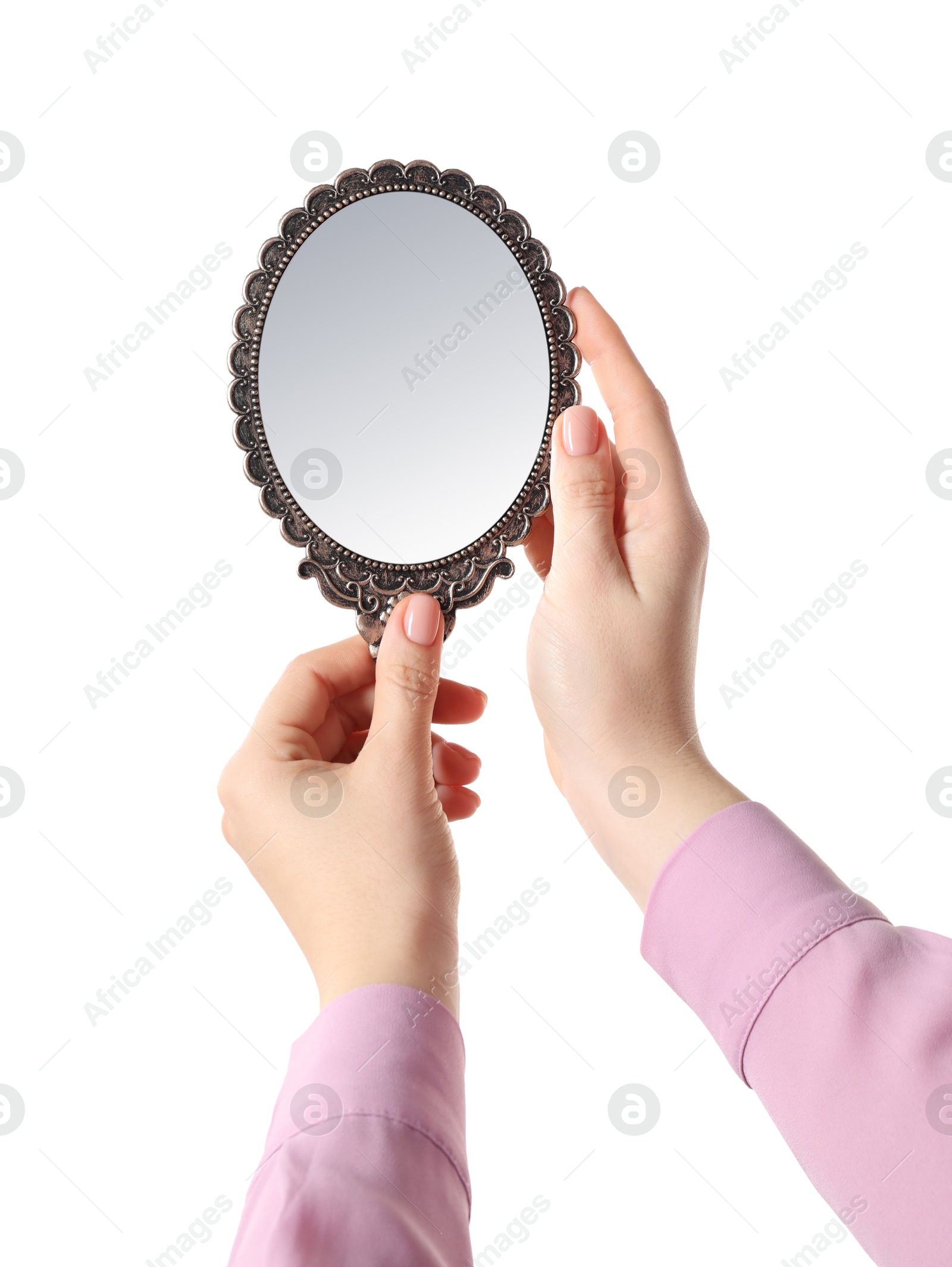 Photo of Woman holding vintage mirror on white background, closeup