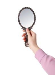 Photo of Woman holding vintage mirror on white background, closeup