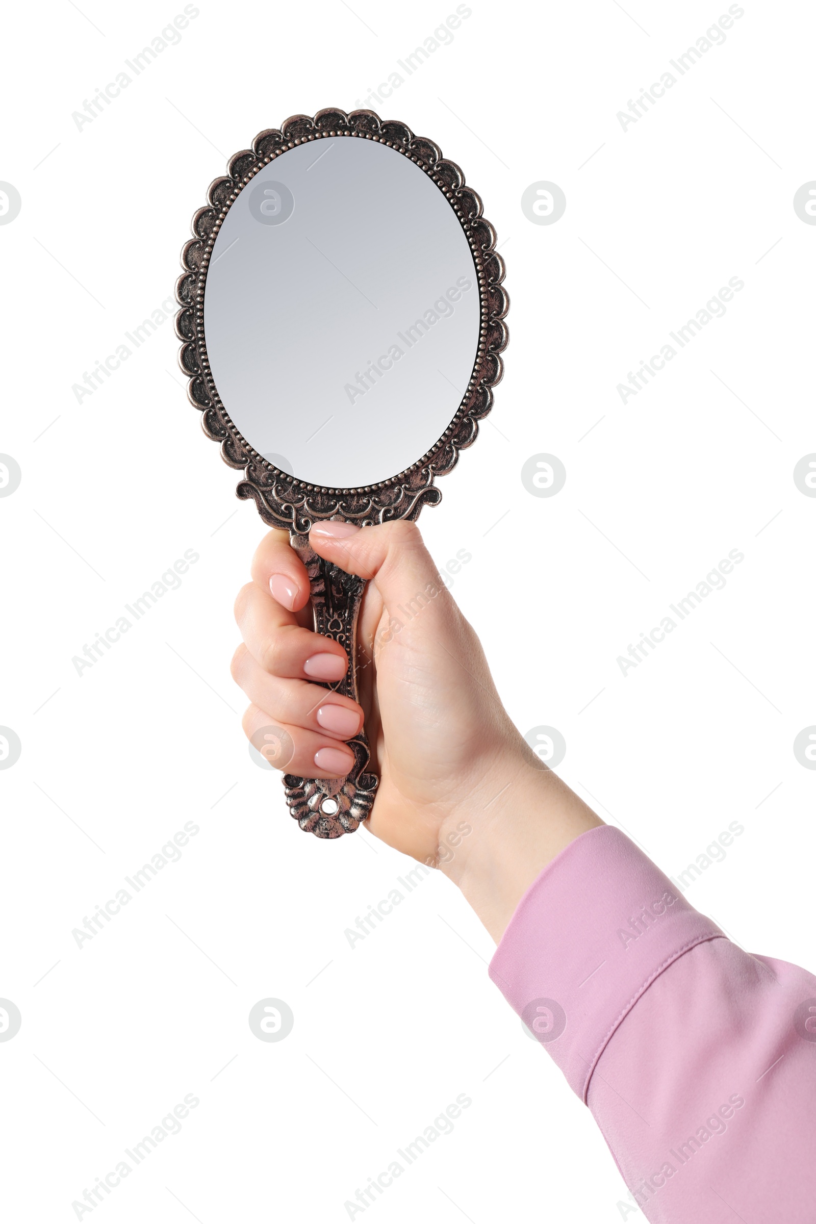 Photo of Woman holding vintage mirror on white background, closeup