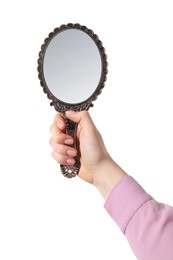 Photo of Woman holding vintage mirror on white background, closeup