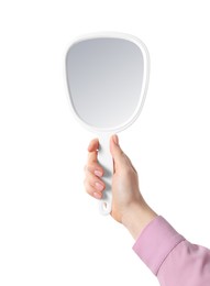 Woman holding small mirror on white background, closeup