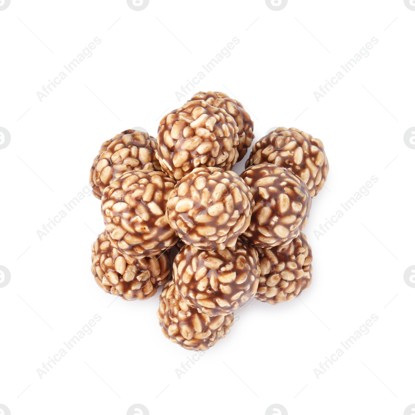 Photo of Delicious chocolate puffed rice balls isolated on white, top view