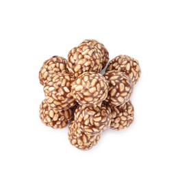 Photo of Delicious chocolate puffed rice balls isolated on white, top view