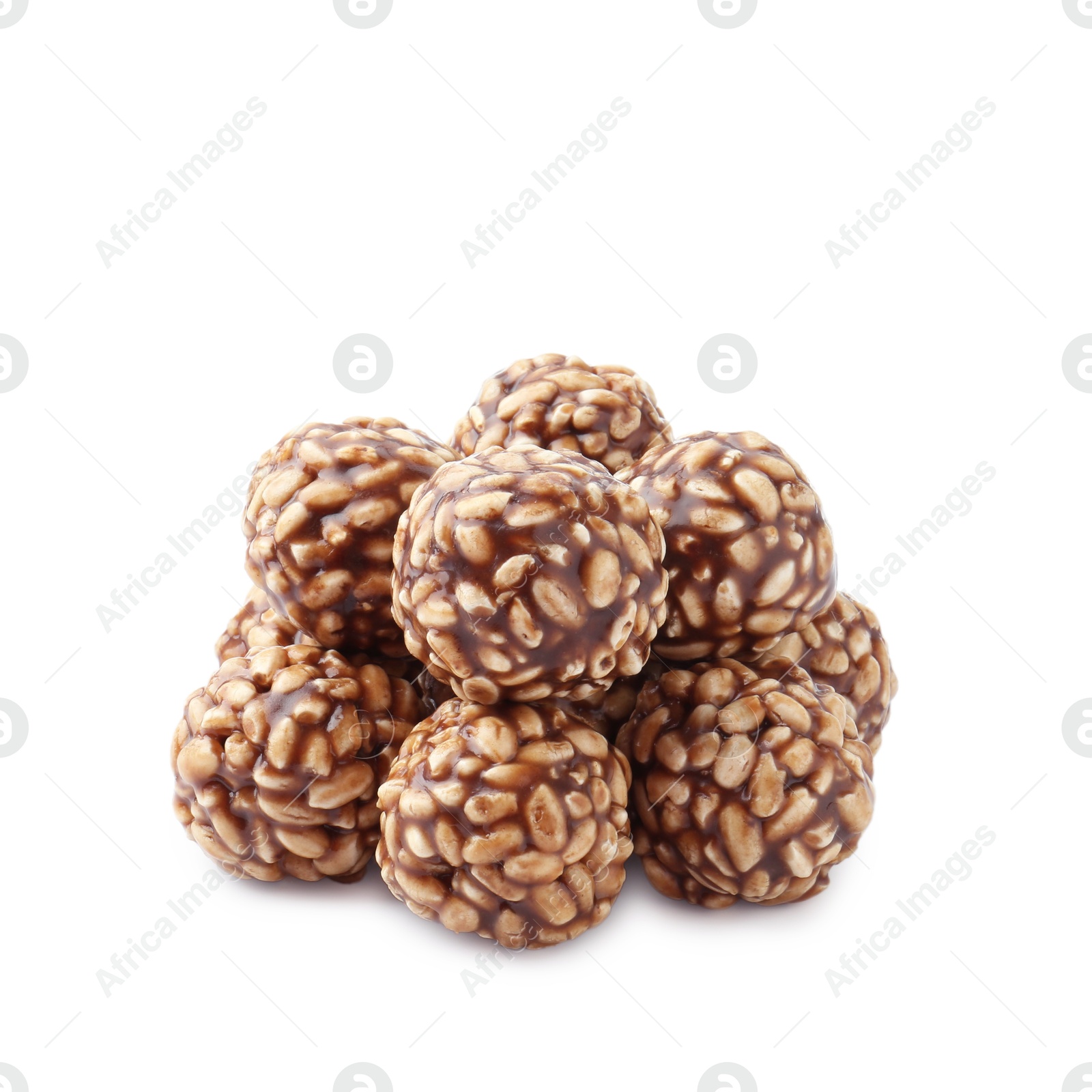 Photo of Delicious chocolate puffed rice balls isolated on white