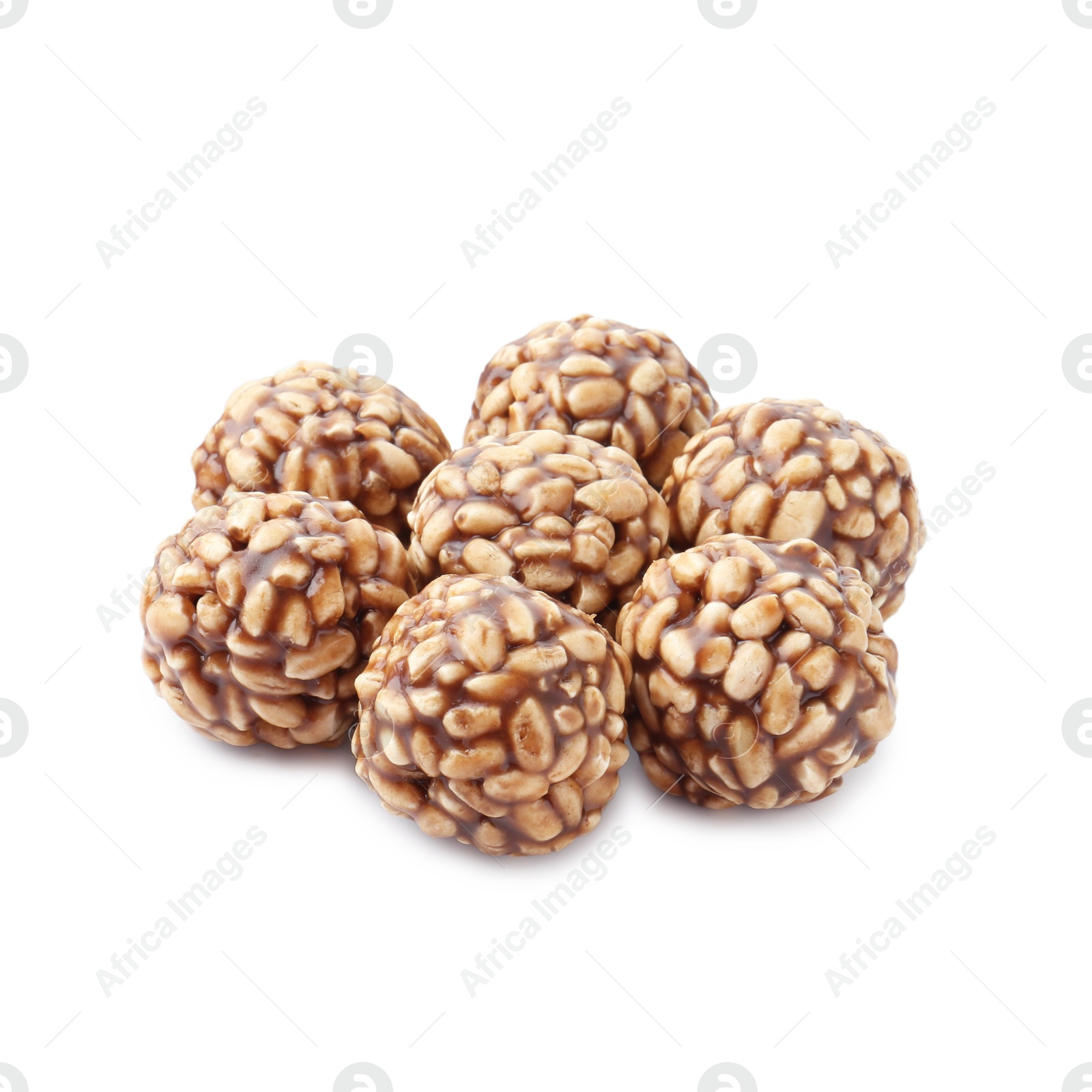 Photo of Delicious chocolate puffed rice balls isolated on white