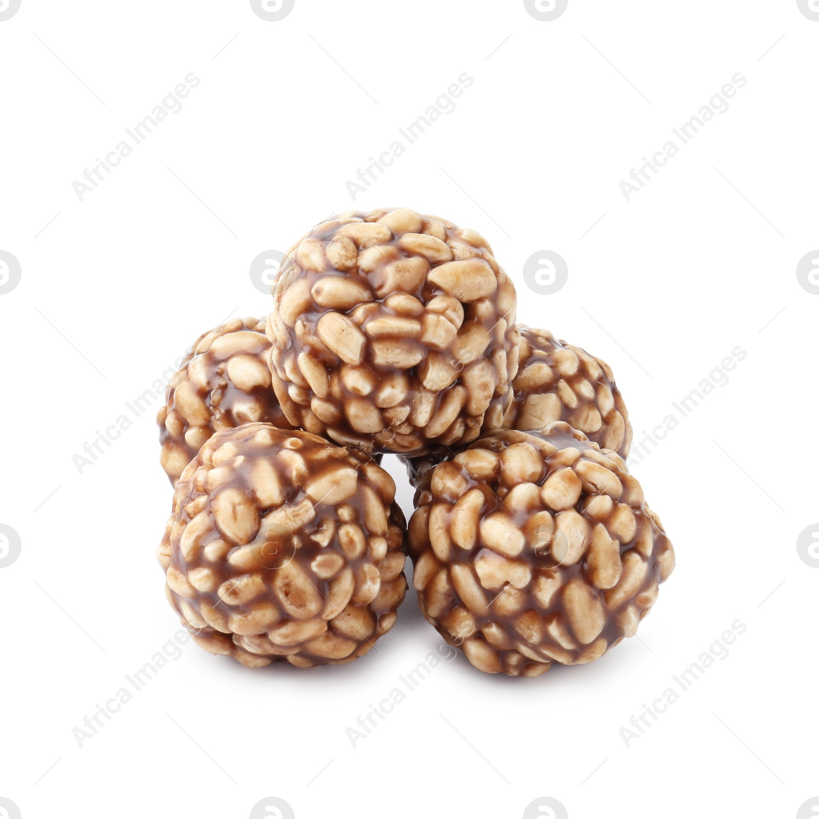 Photo of Delicious chocolate puffed rice balls isolated on white