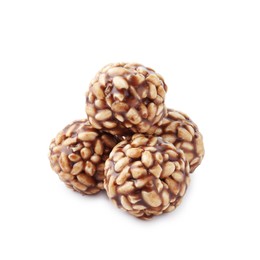 Photo of Delicious chocolate puffed rice balls isolated on white