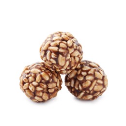 Photo of Delicious chocolate puffed rice balls isolated on white