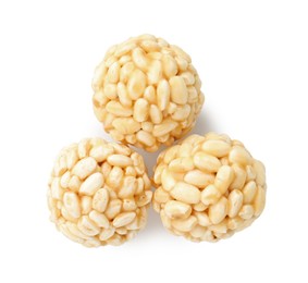 Photo of Delicious puffed rice balls isolated on white, top view