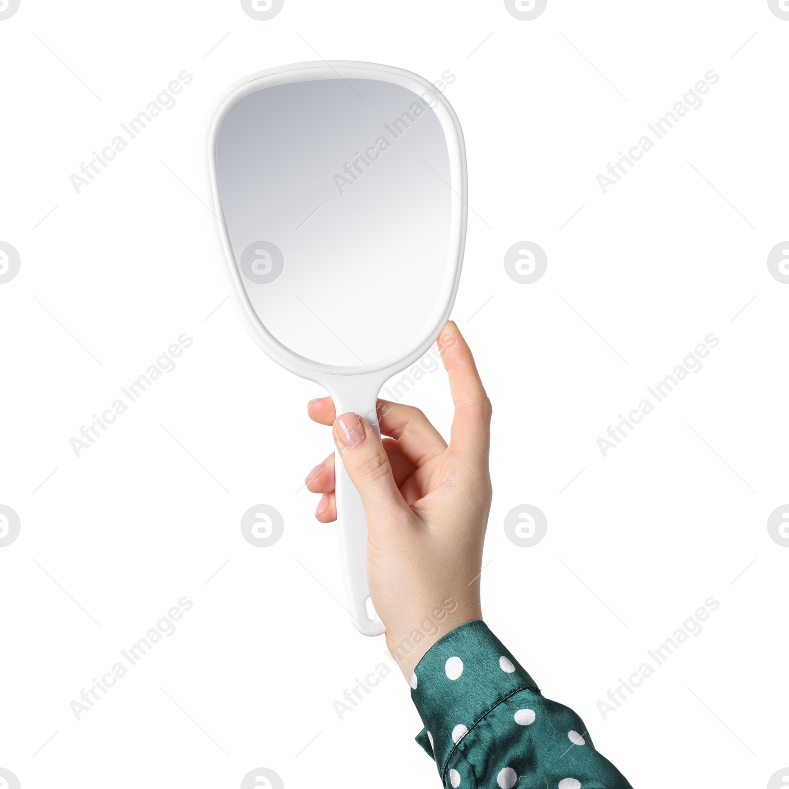 Photo of Woman holding mirror on white background, closeup