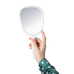 Photo of Woman holding mirror on white background, closeup