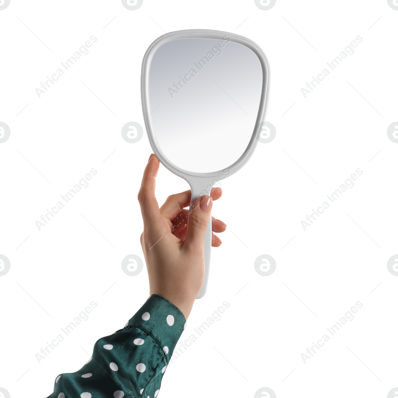 Photo of Woman holding mirror on white background, closeup