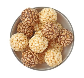 Photo of Tasty puffed rice balls in bowl isolated on white, top view