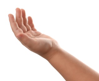 Photo of Little child on white background, closeup of hand