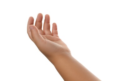 Little child on white background, closeup of hand