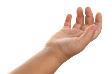 Little child on white background, closeup of hand