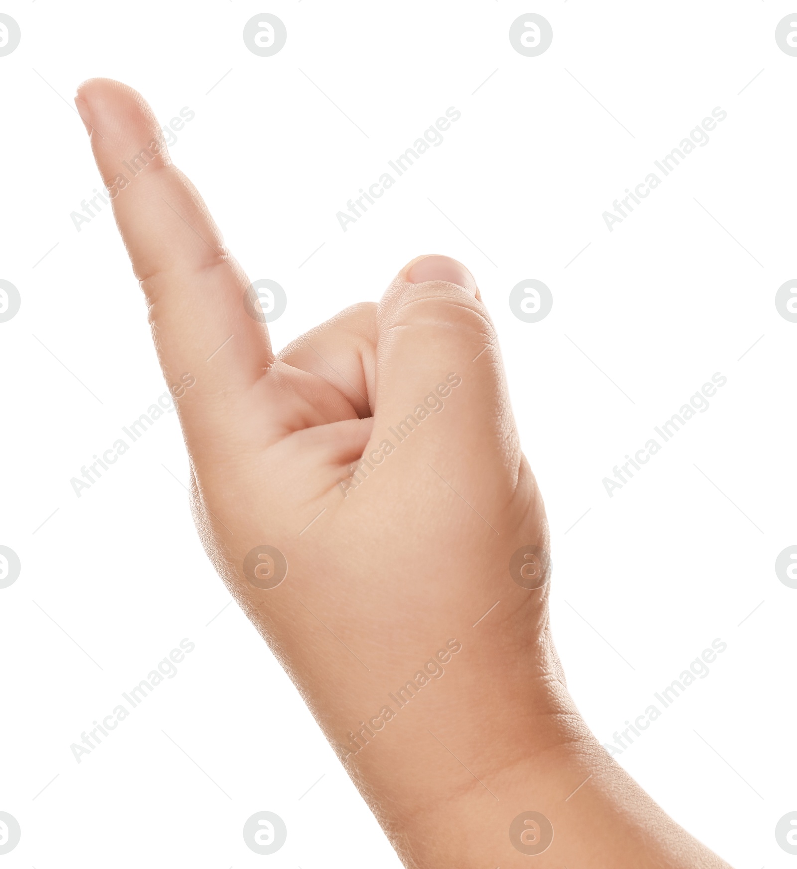 Photo of Little child pointing at something on white background, closeup of hand