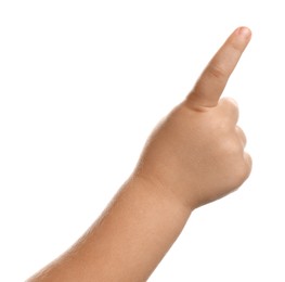 Little child pointing at something on white background, closeup of hand