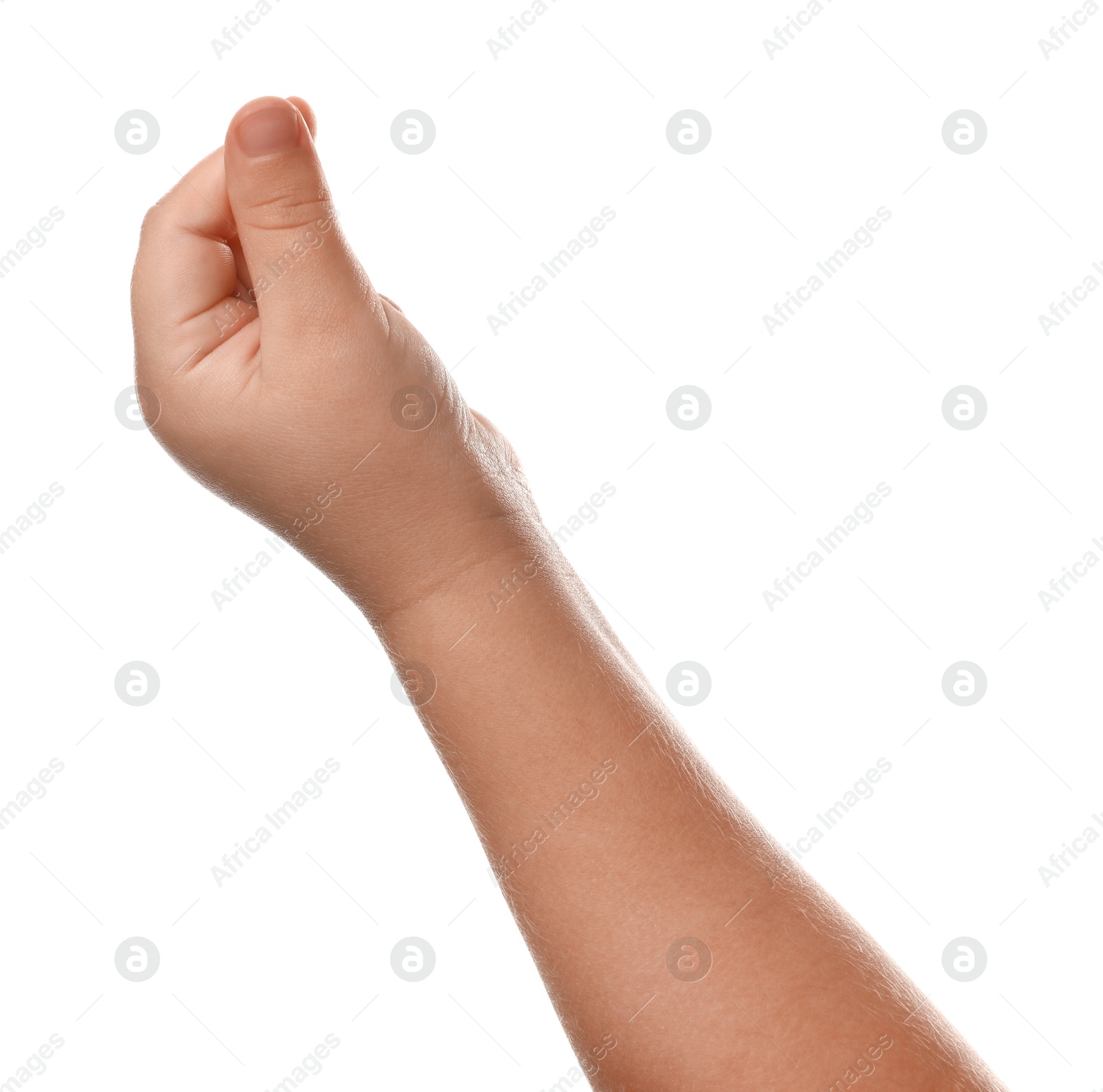 Photo of Little child on white background, closeup of hand