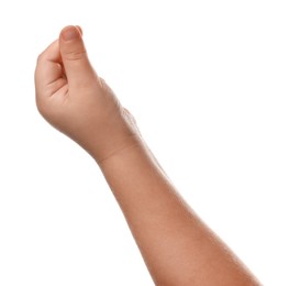 Little child on white background, closeup of hand