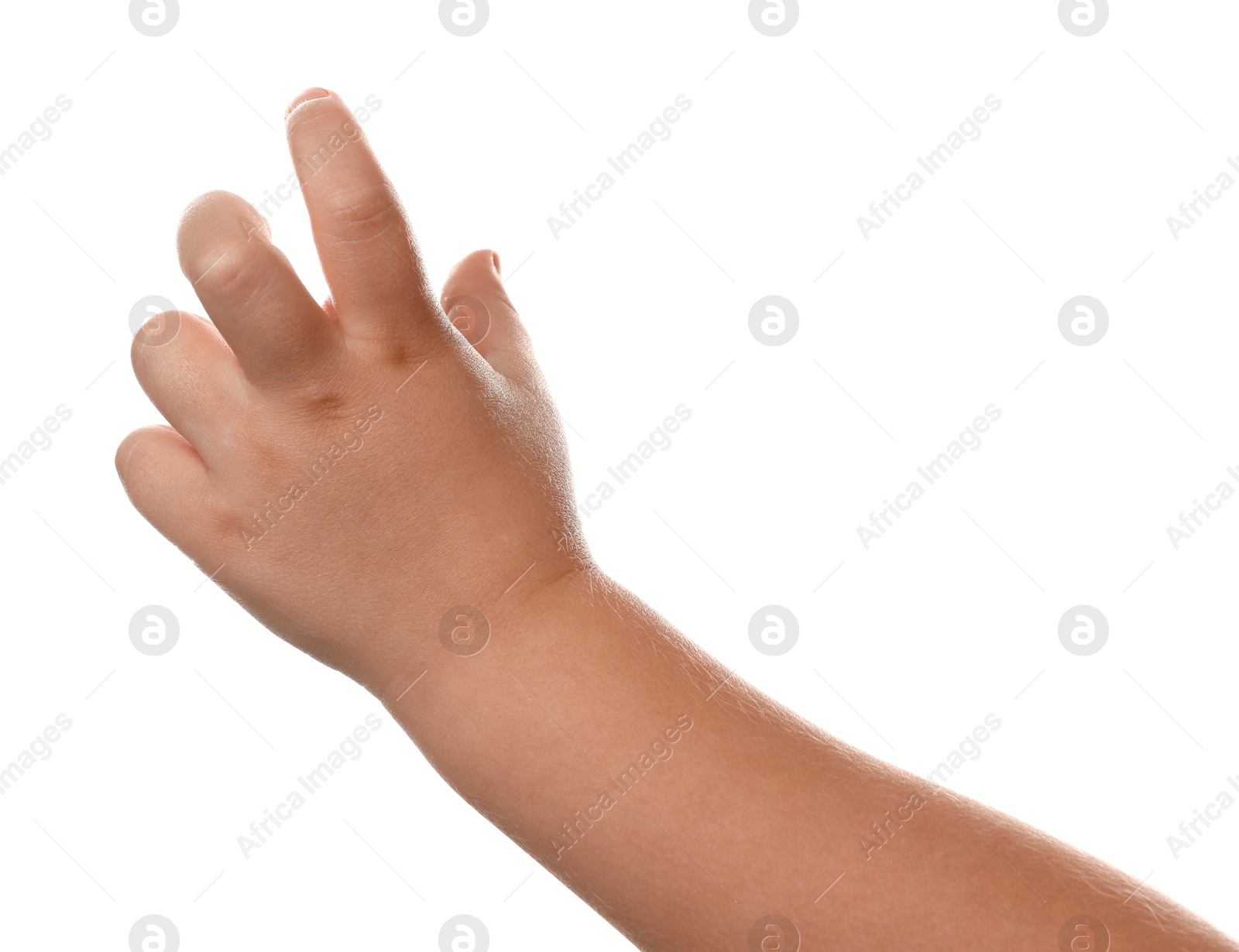 Photo of Little child on white background, closeup of hand