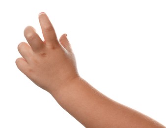 Little child on white background, closeup of hand