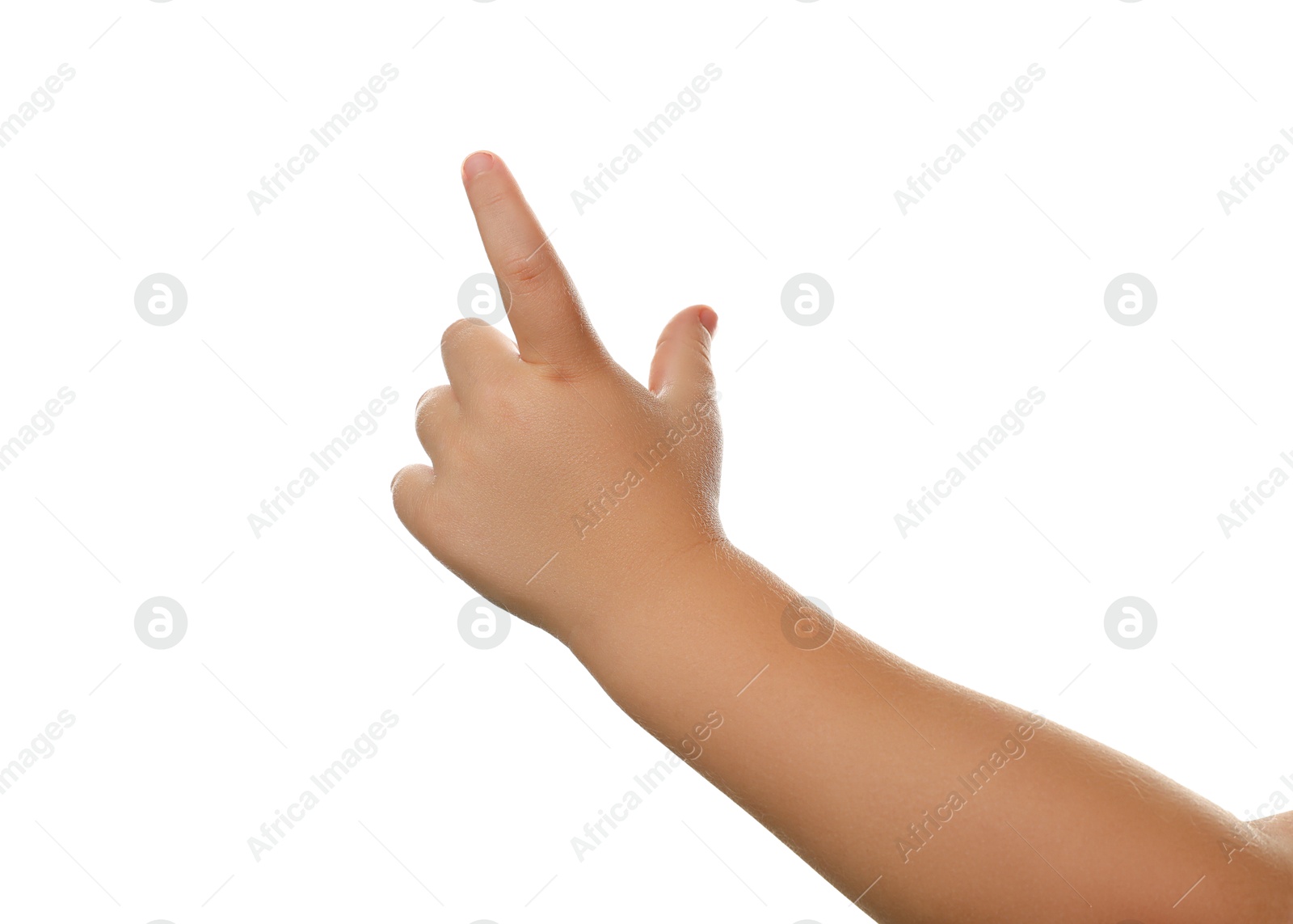 Photo of Little child pointing at something on white background, closeup of hand