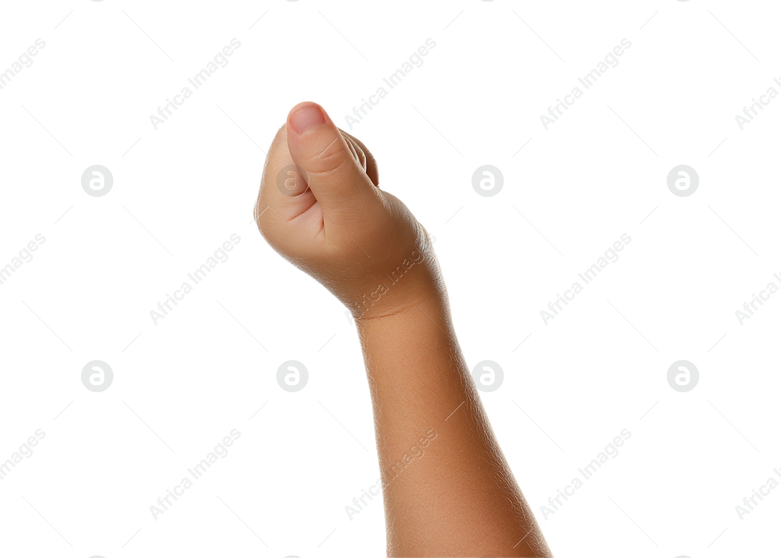 Photo of Little child on white background, closeup of hand