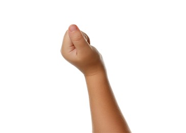 Little child on white background, closeup of hand