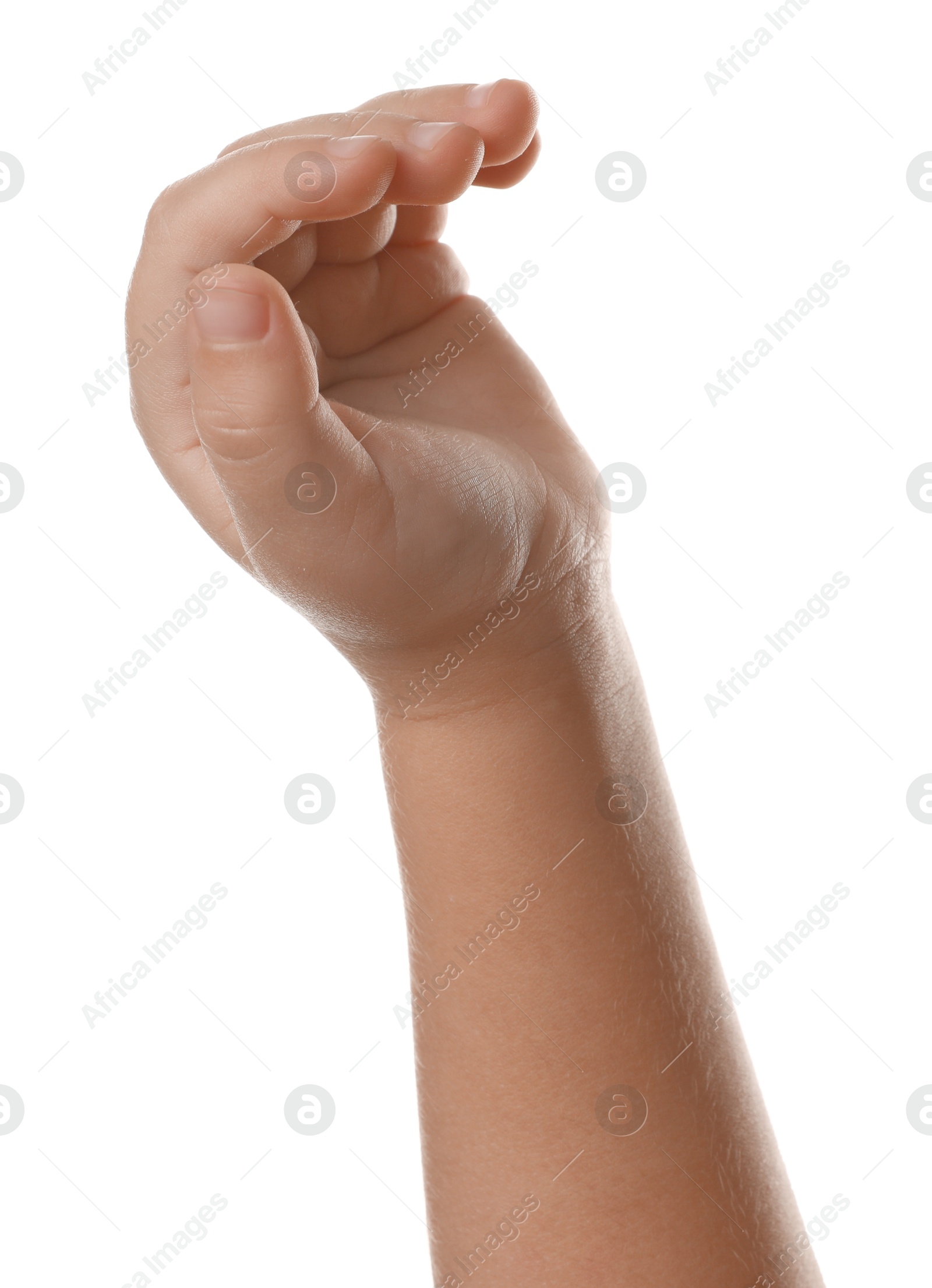 Photo of Little child on white background, closeup of hand