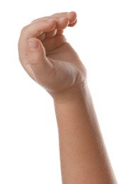 Photo of Little child on white background, closeup of hand