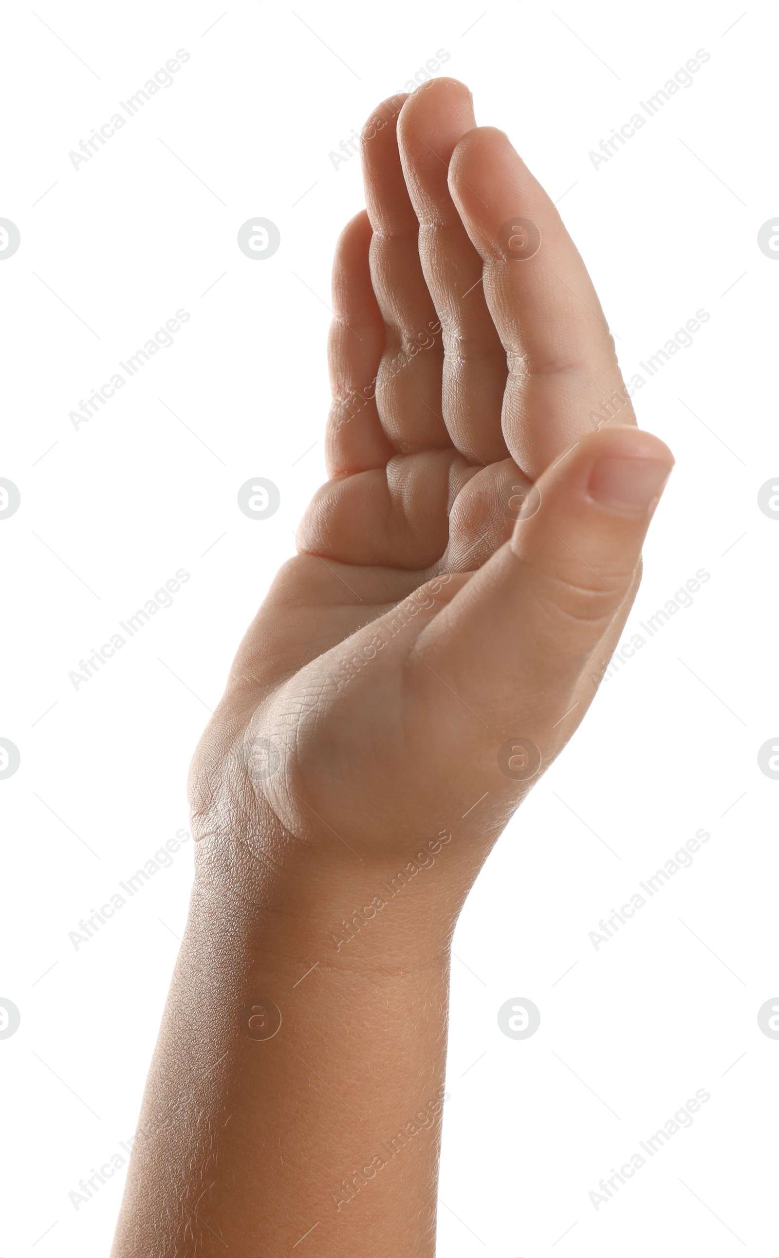 Photo of Little child on white background, closeup of hand